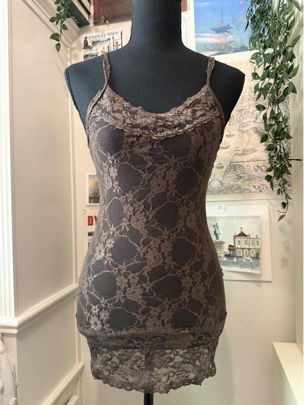 Brown Floral Lace Sheer Mini Slip tank